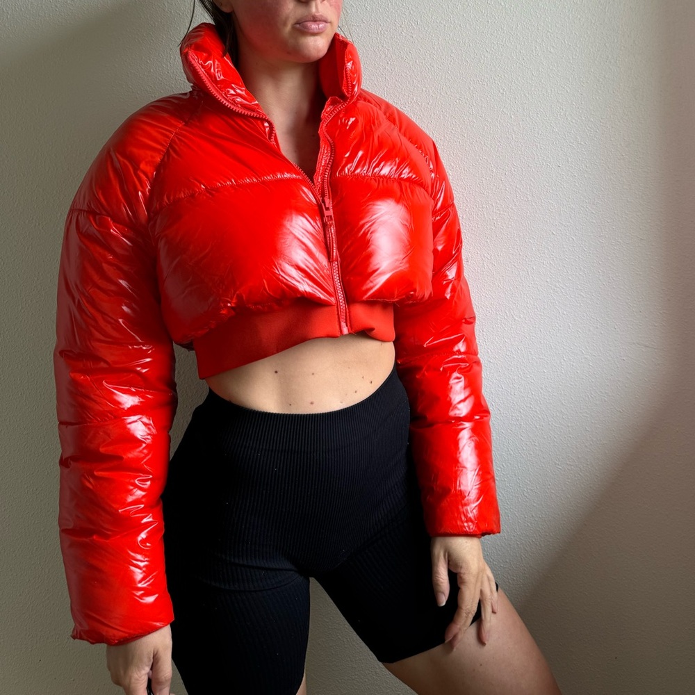 NWT Zara Neon Orange Cropped Puffer Jacket with High Collar size XS